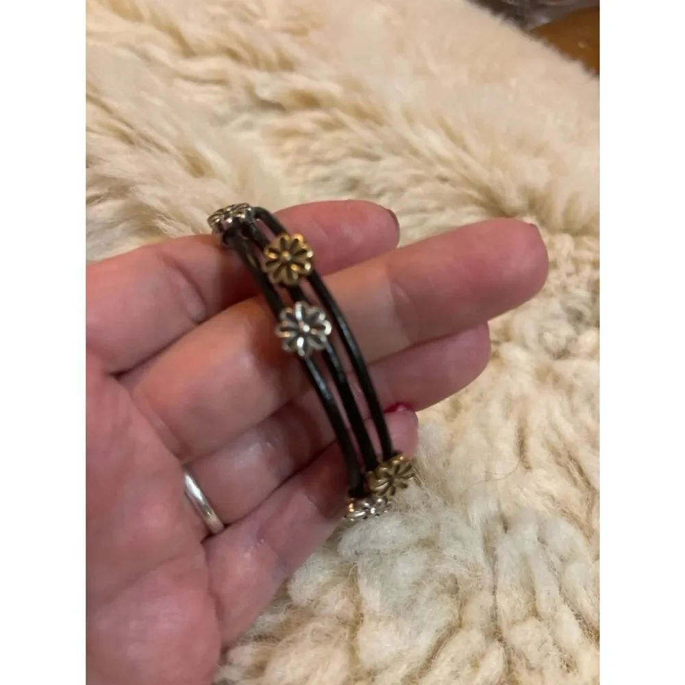 Anthropologie Brown Leather Multi-Row Bracelet with Gold & Silver Daisy Accents